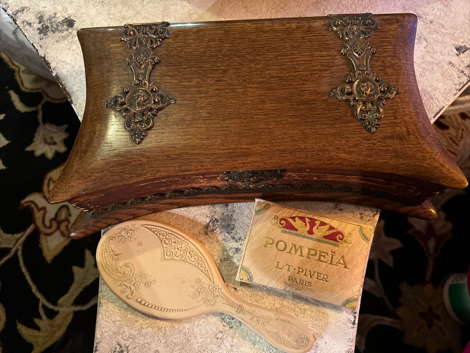 Antique Victorian Vanity Box Wood Dovetail Ornate Brass Dresser French Glove Box