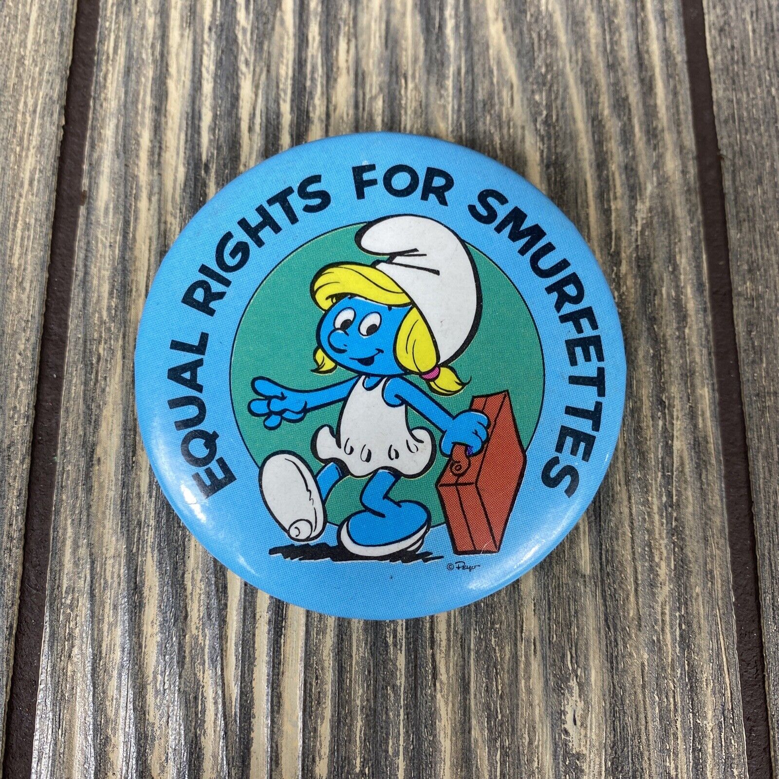 Vintage 1980 Equal Rights For Smurfettes Shirt Pin 2”