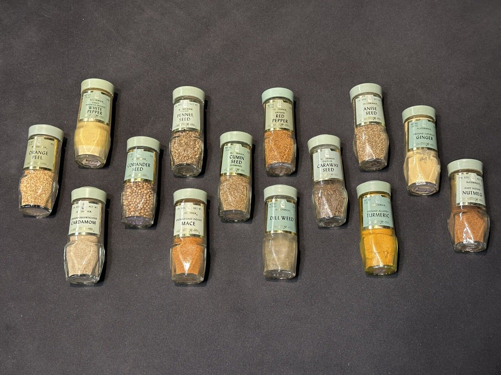 14 Schilling McCormick Spice Jars Bottles - Vintage Sage Green Lids 1970’s