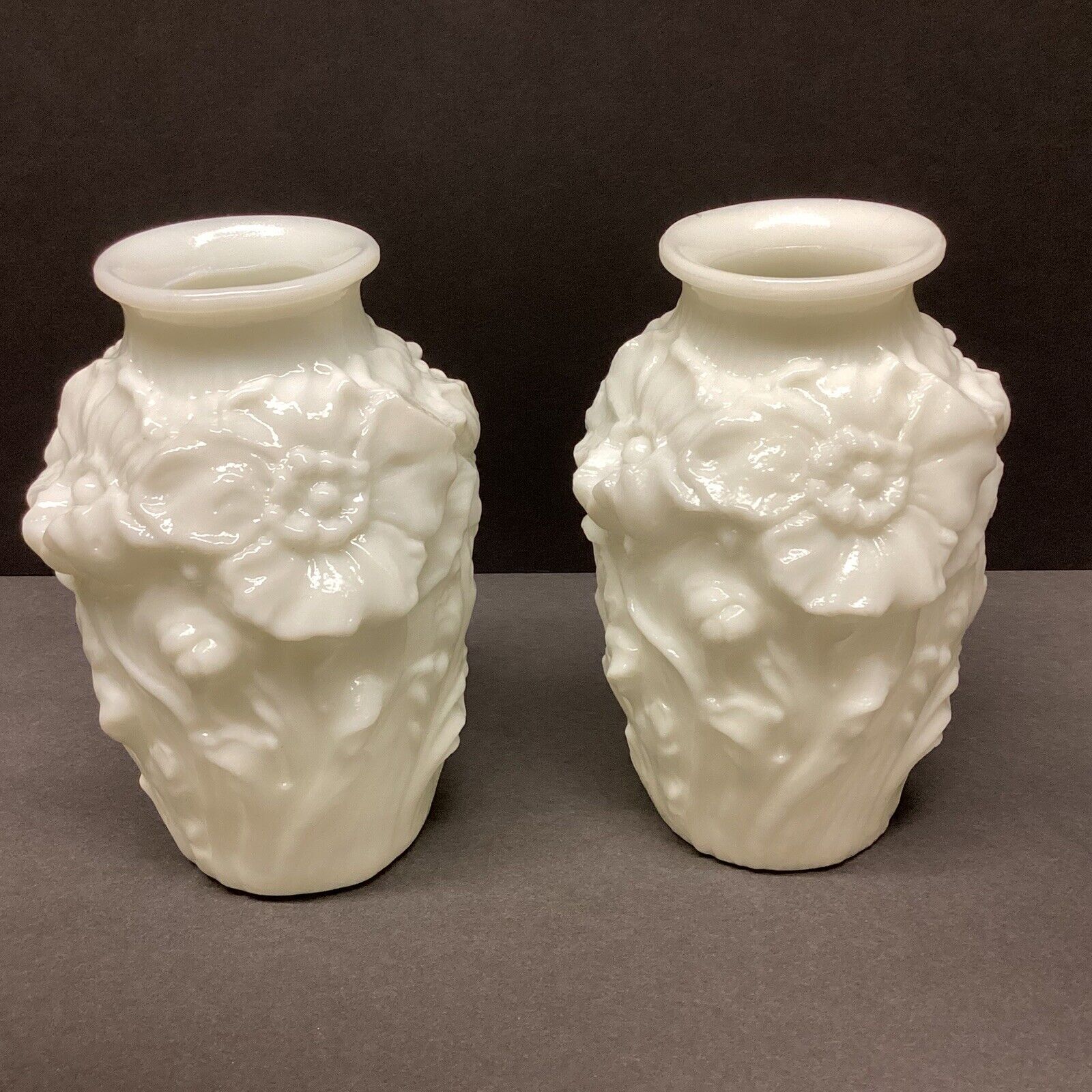 Pair of two vintage Tiffan white milk glass Vases poppies Embossed READ