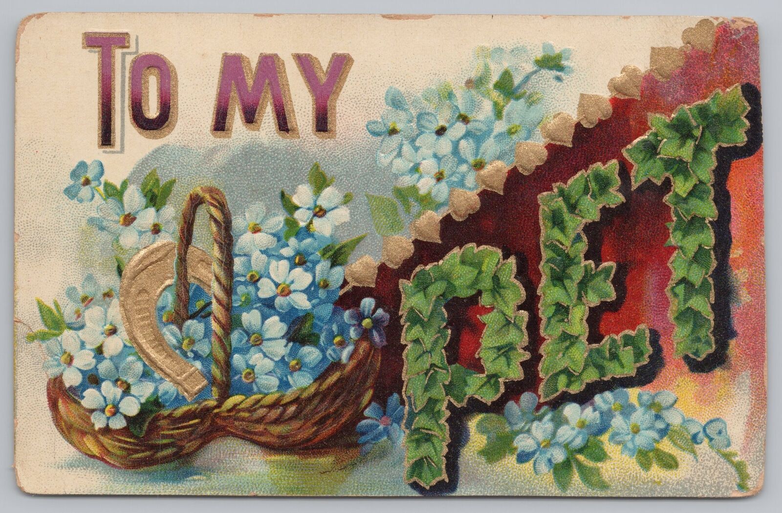 Greetings~Blue Flowers~Green Leafs~Gold Horseshoe~To My Pet~Vintage Postcard