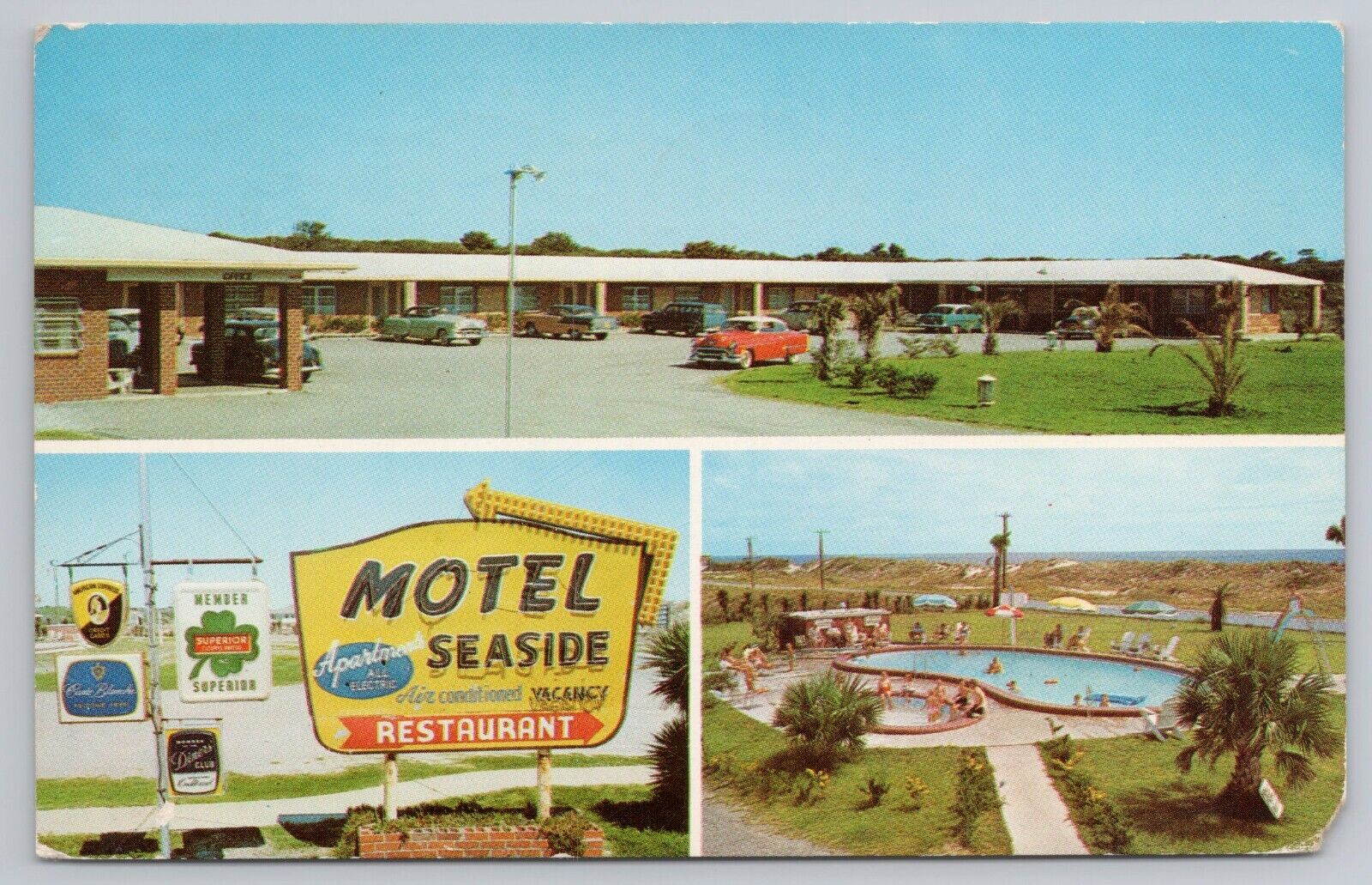 3 View Motel Seaside Hwy A1A Fernandina Beach FL 1962 Old Cars Pool Ad Postcard