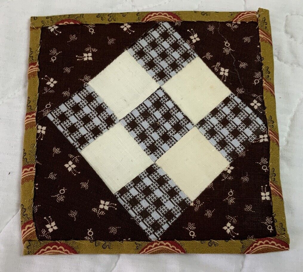 Antique Vintage Patchwork Quilt Table Topper, Nine Patch, Early Calicos, Brown