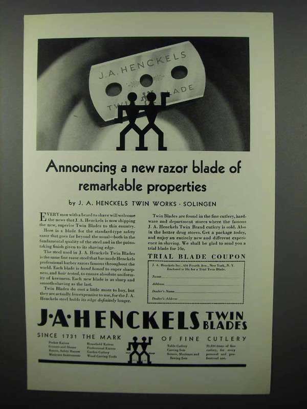 1929 J.A. Henckels Razor Twin Blade Ad - Remarkable