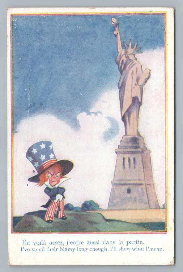 Angry Kewpie-Style Uncle Sam by Statue of Liberty \