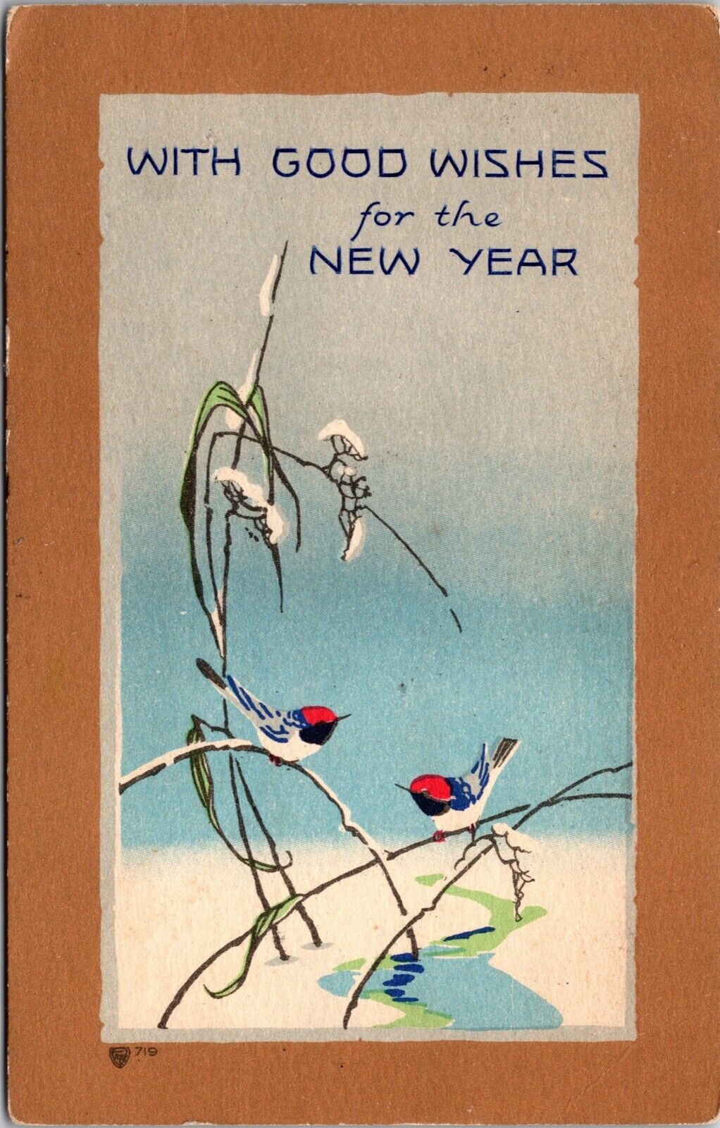 A/S New Years Snow Scene Birds Back Interest Stamps Volland P.U. 1924 (Z357)