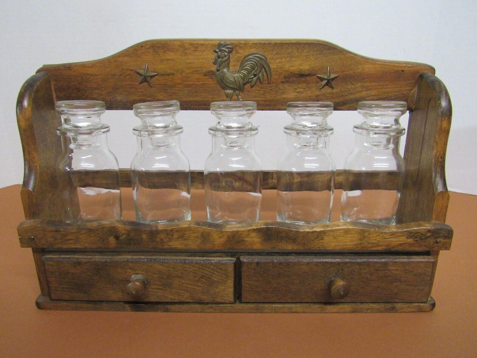 Vintage Wooden Spice Rack Rooster Stars 5 Glass Bottles 2 Drawers 11 3/4