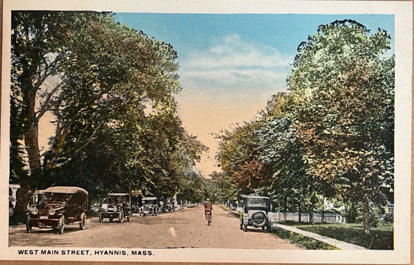 Hyannis Massachusetts Main Street Old Cars Bicycle Vintage MA Postcard c1920