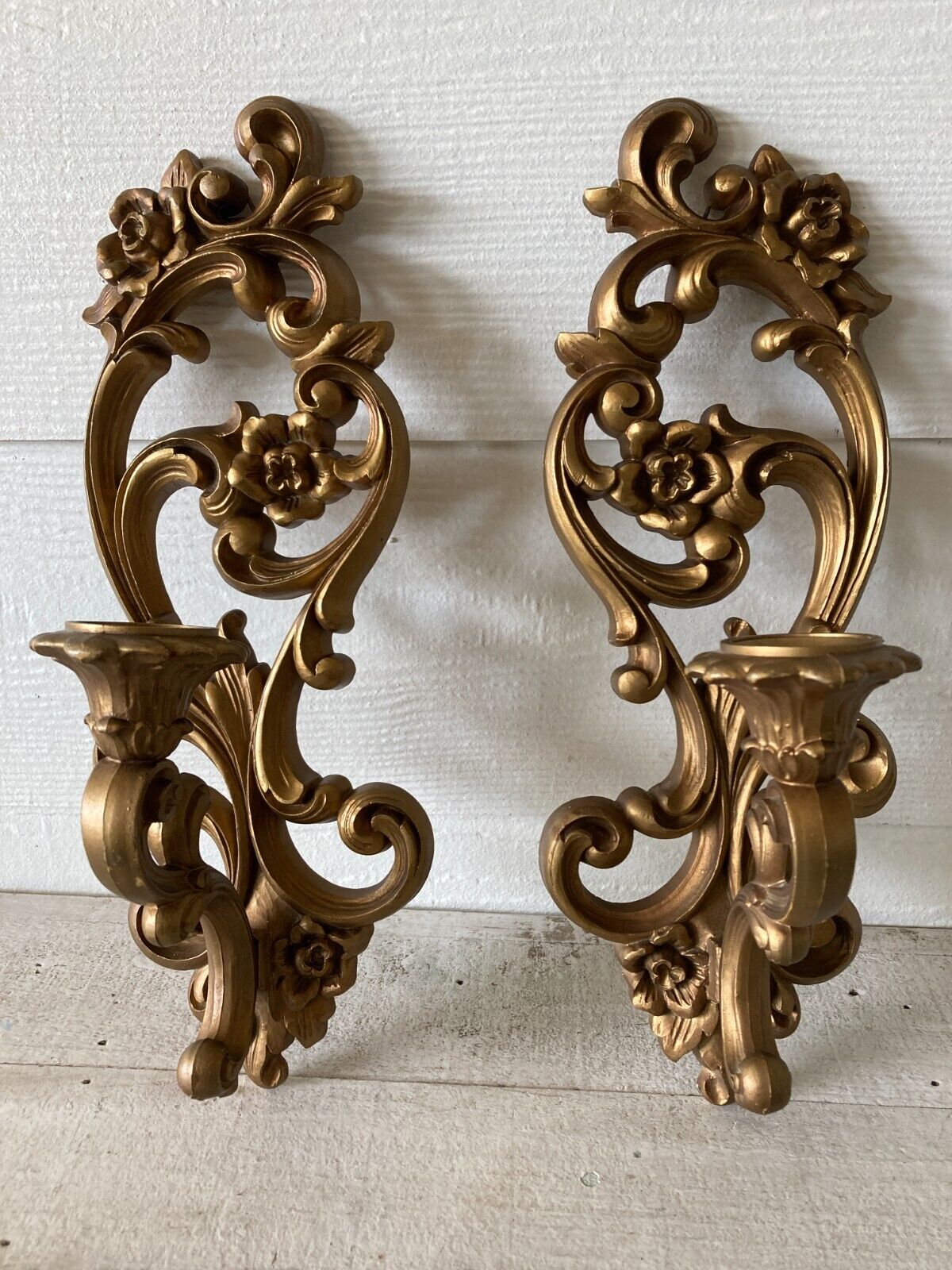 Pair Vintage 1971 HOMCO #4118 Gold Wall Sconce Candle Holder Hollywood Regency
