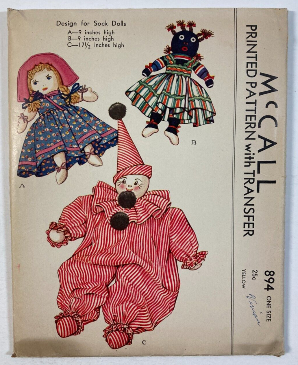 1941 Original McCall 894 Design For Sock Dolls Sewing Pattern Uncut FF Vintage