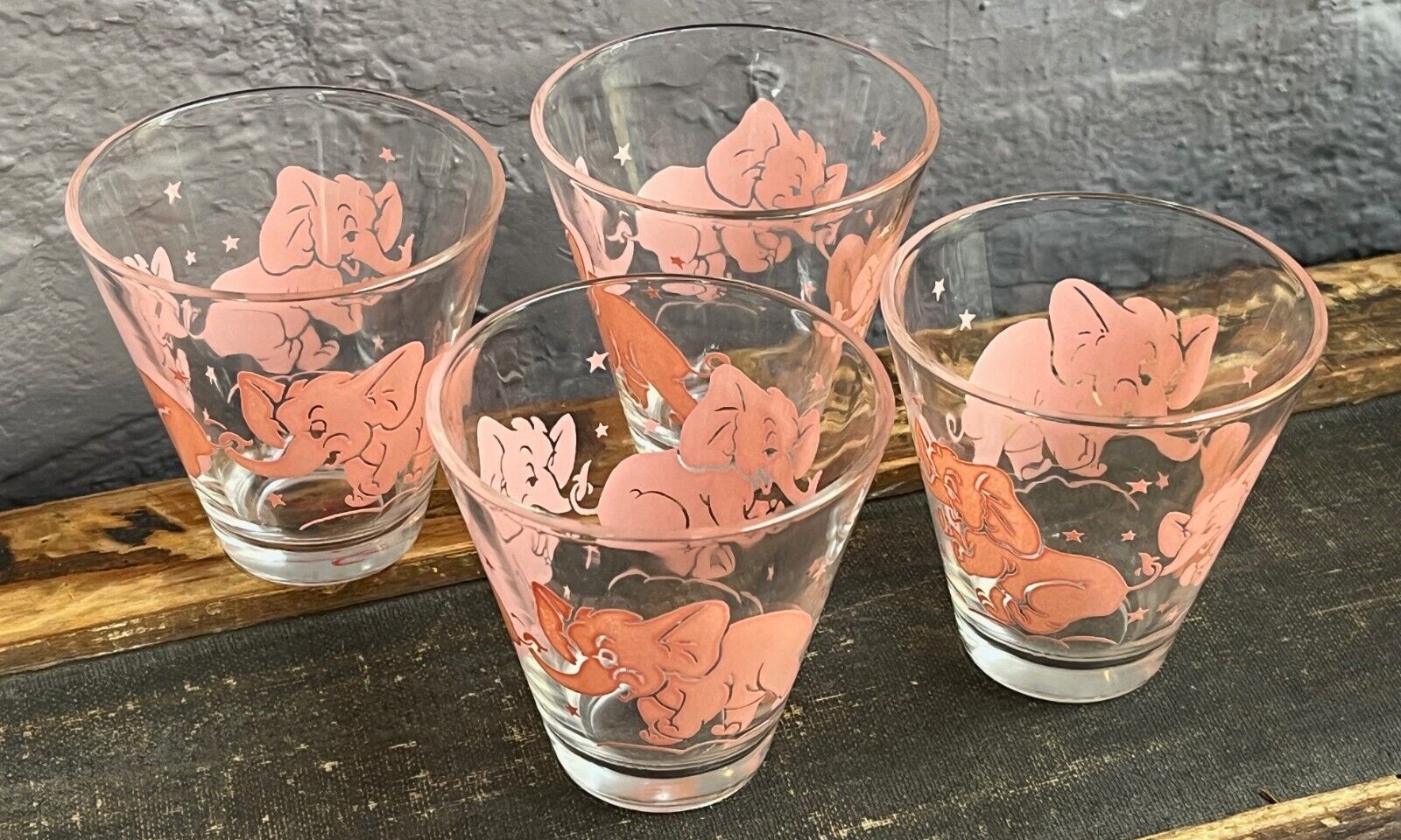 Vintage Hazel Atlas Dancing Pink Elephant Shot Glasses Barware Set 4 MCM 1950s