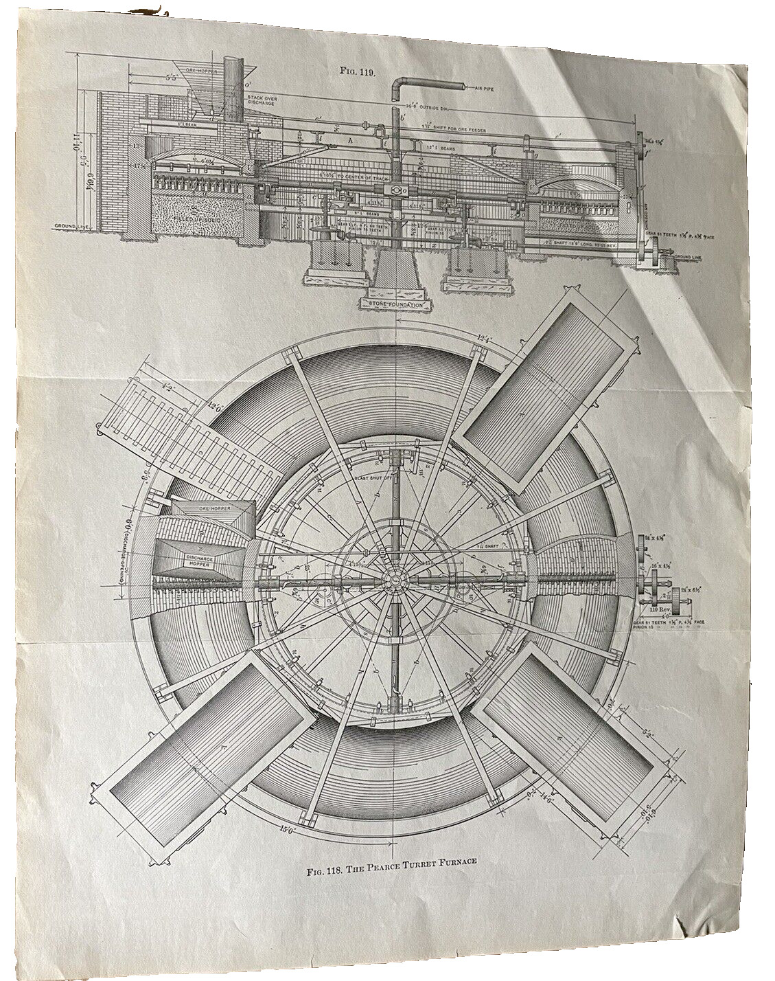 Pearce Turret Furnace Diagram antique 1892 illustration Engineer Metal Railroad