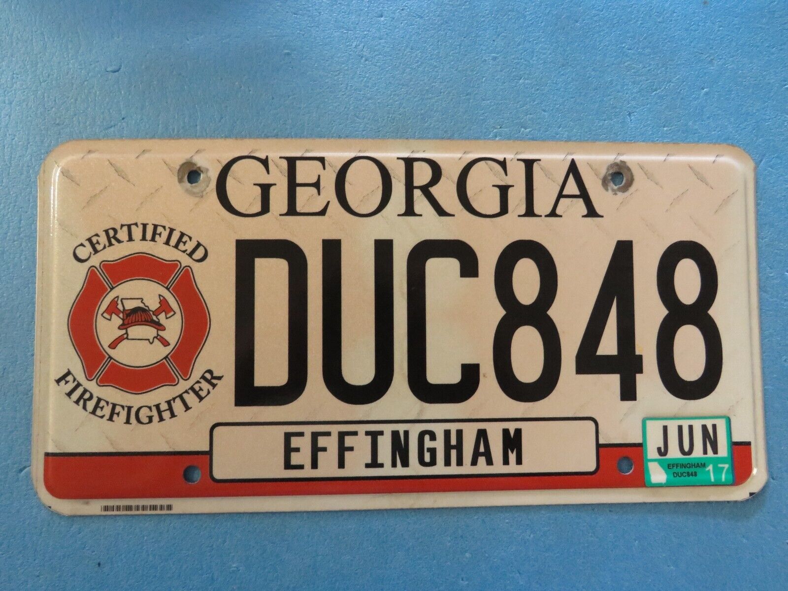 JUN 2017 Georgia Certified Firefighter License Plate DUC848 RARE RADAR # Fire