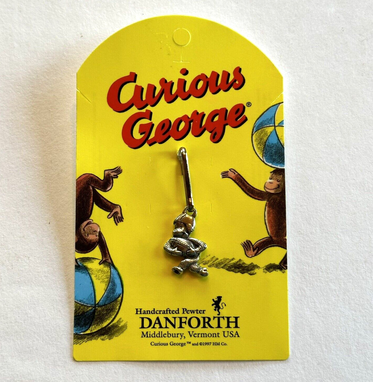 Vintage Danforth Pewter Curious George Football Zipper Pull 1997 NOS
