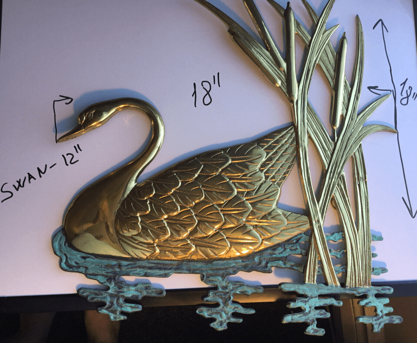 Vtg Brass Wall Handing Swan Large 18” Water Scene Sculpture ArtWildLife