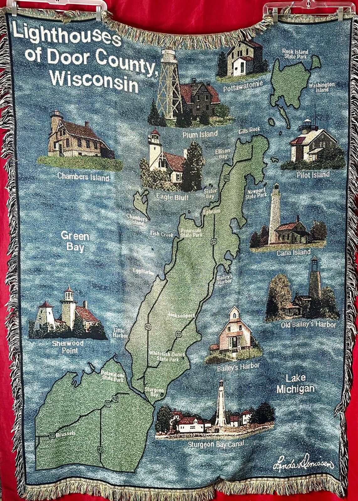 VTG Lighthouses of Door County WI Throw Blanket/Tapestry Art By: Linda Dennisen