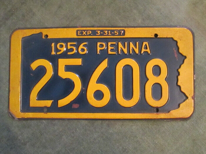 Antique 1956 License Plate Pennsylvania State Shaped Boarder YOM Use # 25608