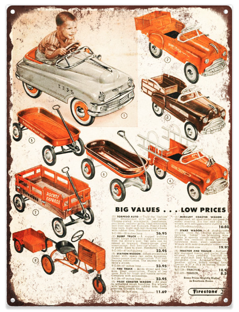 1951 Firestone Pedal Car Tractor Fire Truck Ad Baked Metal Repro Sign 9x12 60132