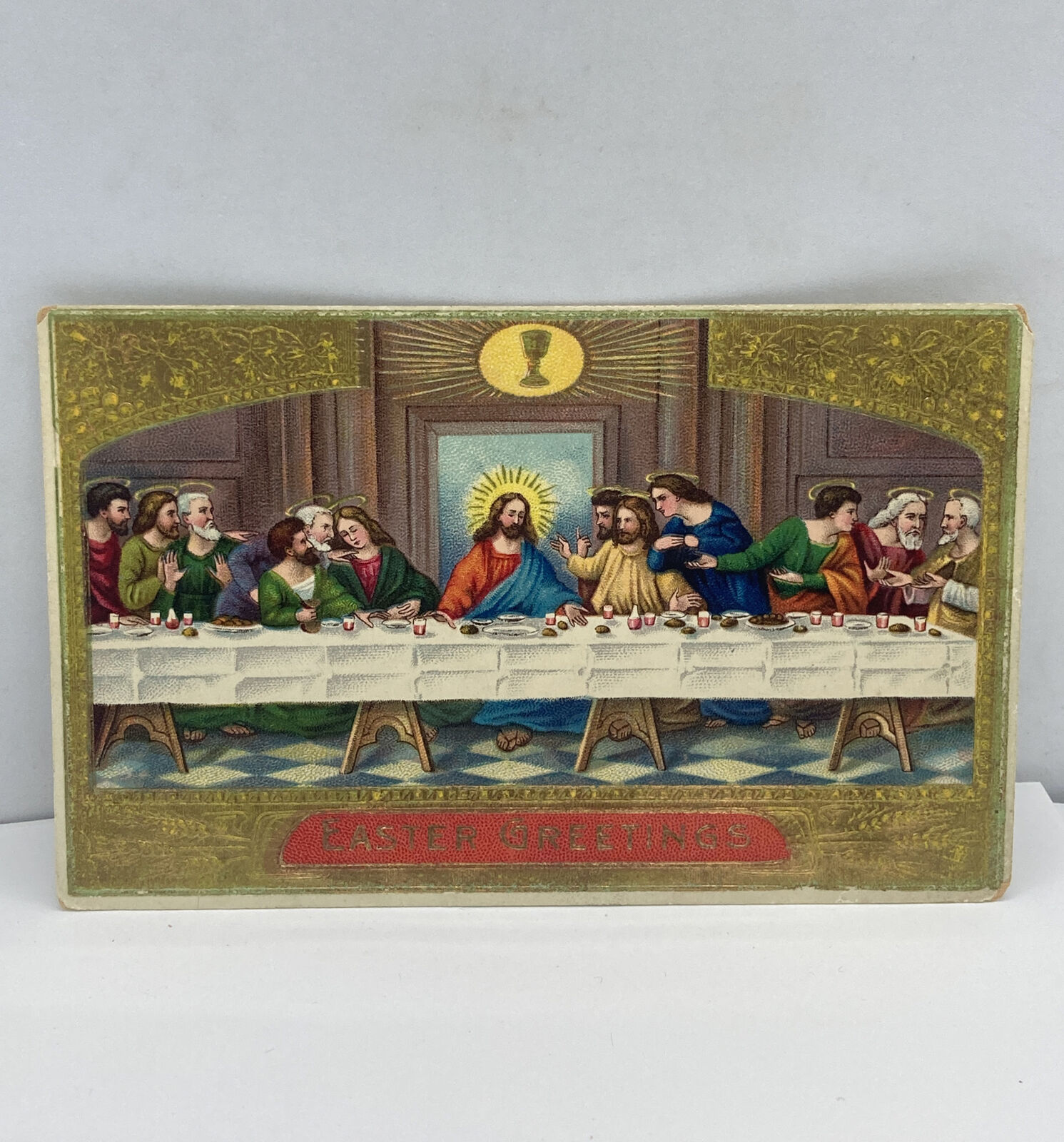 Easter Greetings Last Supper Gilded Embossed Postcard Antique Germany  Used