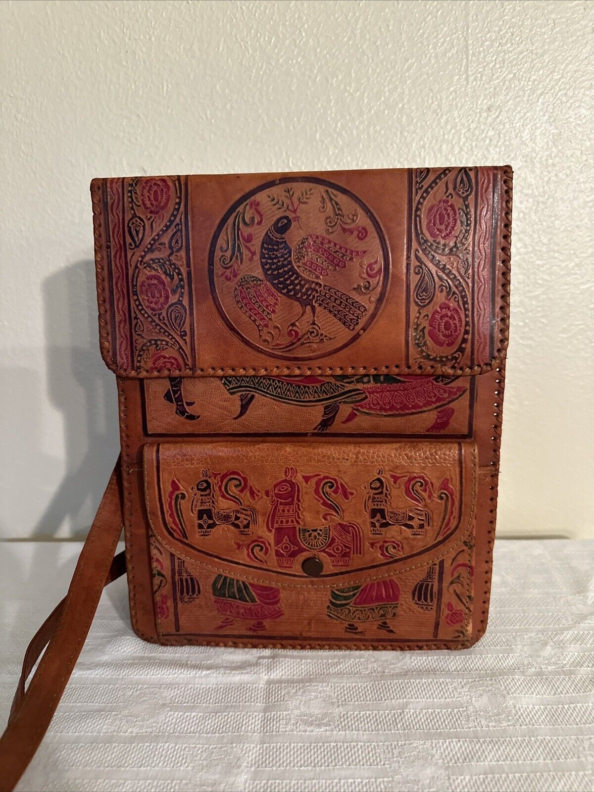 Vintage Hand-tooled Brown Leather Bag With Tribal Ladies , Llama and Pecocks