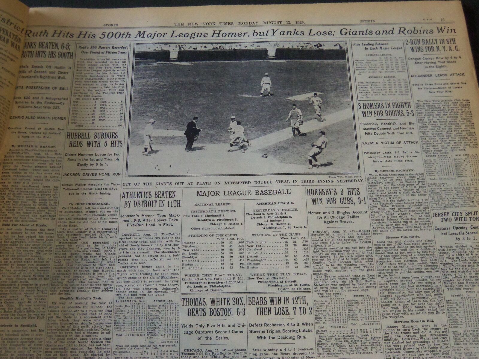 1929 AUGUST 12 NEW YORK TIMES - RUTH HITS HIS 500TH MAJOR LEAGUE HOMER - NT 6638