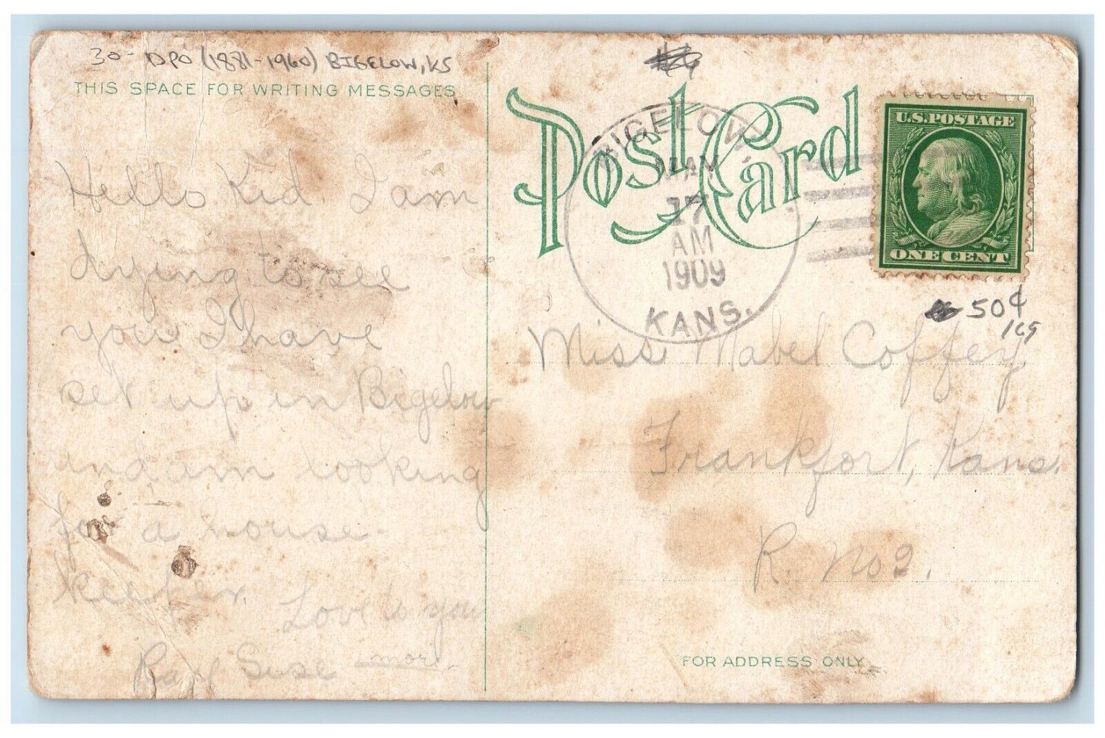 DPO (1881-1960) Bigelow Kansas KS Postcard Lovers Lane Saint Jo Horse Buggy 1909