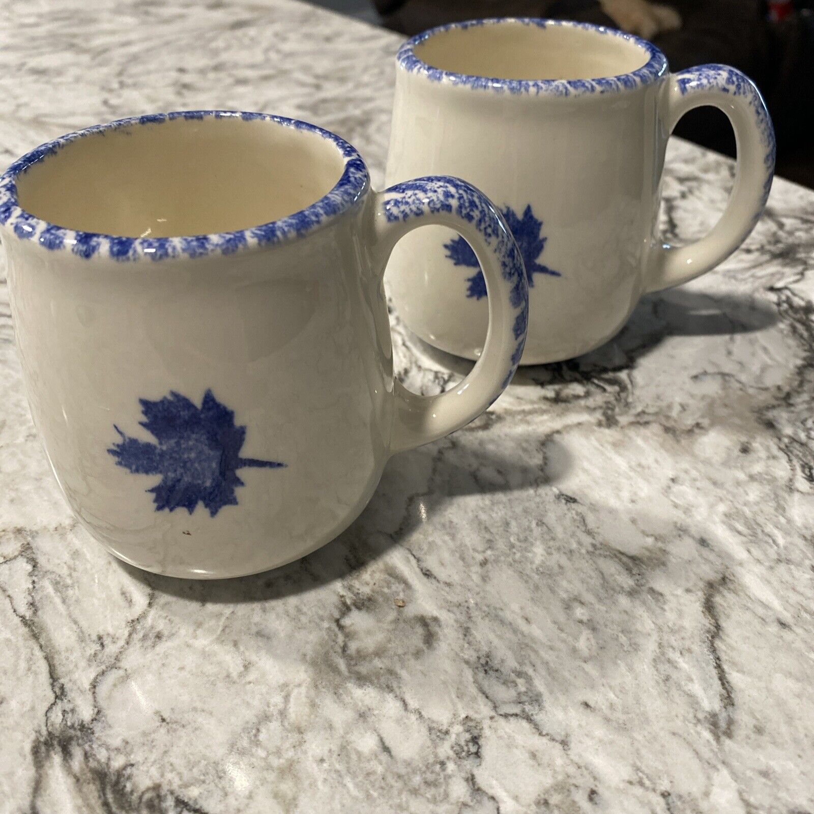 Set Of 2 Coffee Mugs Hudson ware Vermont With Blue Maple Leaf