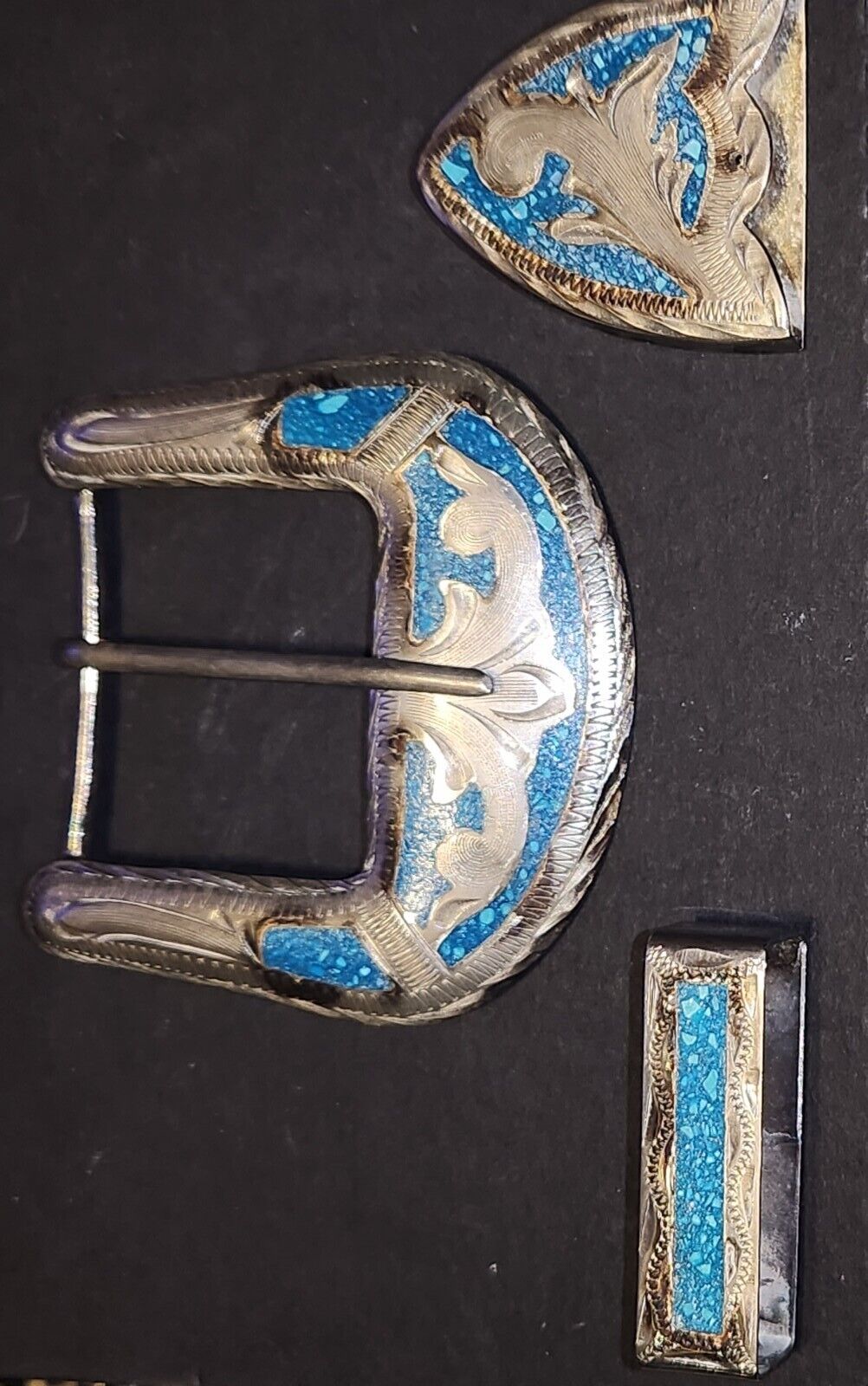  Turquoise 3 Pcs. Chip Inlay silver Tone  WESTERN Belt Buckle