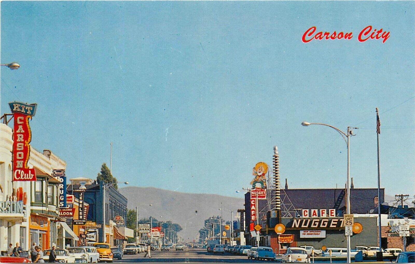 c1960s Street Scene, Kit Carson Club Casino, Carson City, Nevada Postcard