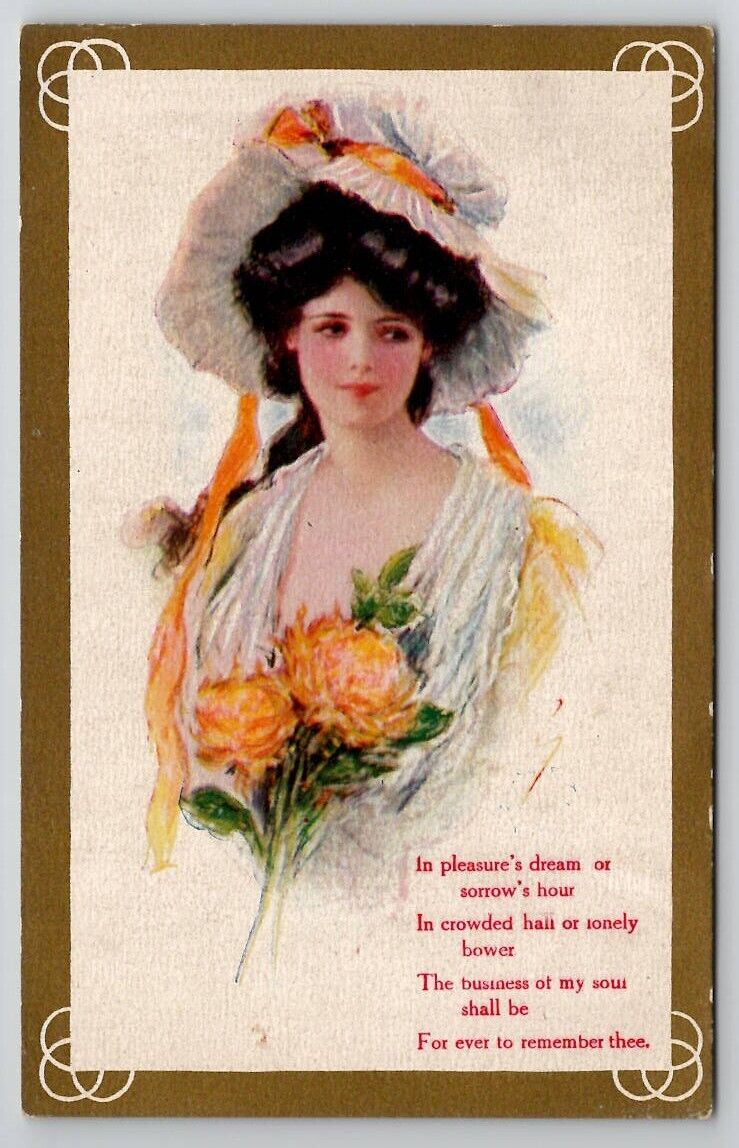 Glamour Girl Yellow Flowers Victorian Woman Ruffle Bonnet Art Postcard S29