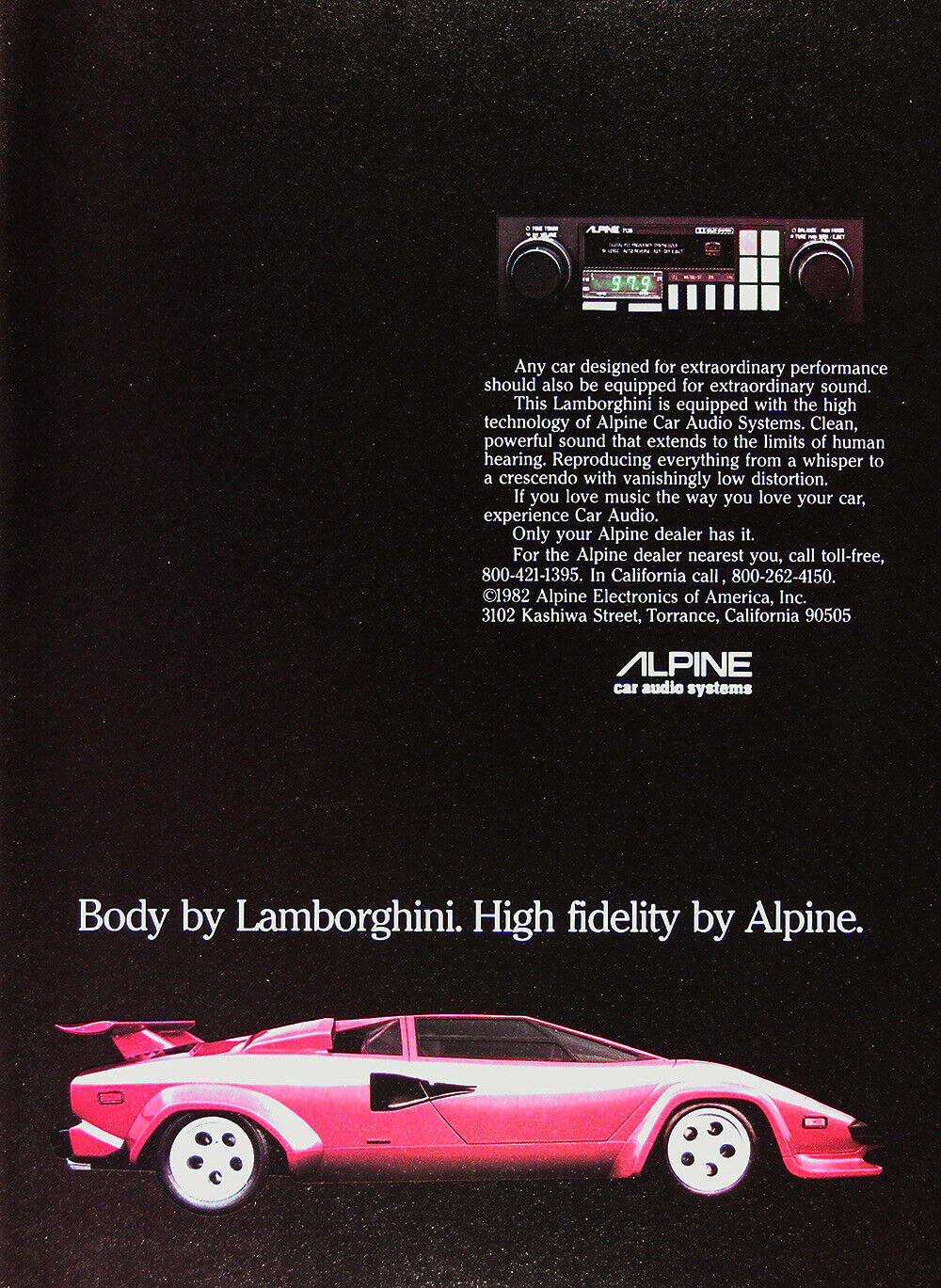 1982 ALPINE CAR STEREO Genuine Vintage Ad ~ OEM LAMBORGHINI CONTACH 