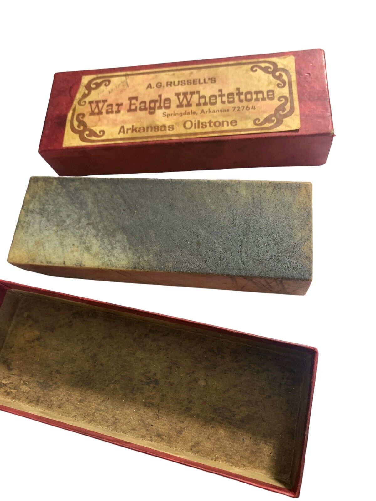 Vintage AG  Russells War Eagle Whetstone Arkansas Oilstone Sharpening Stone+Box