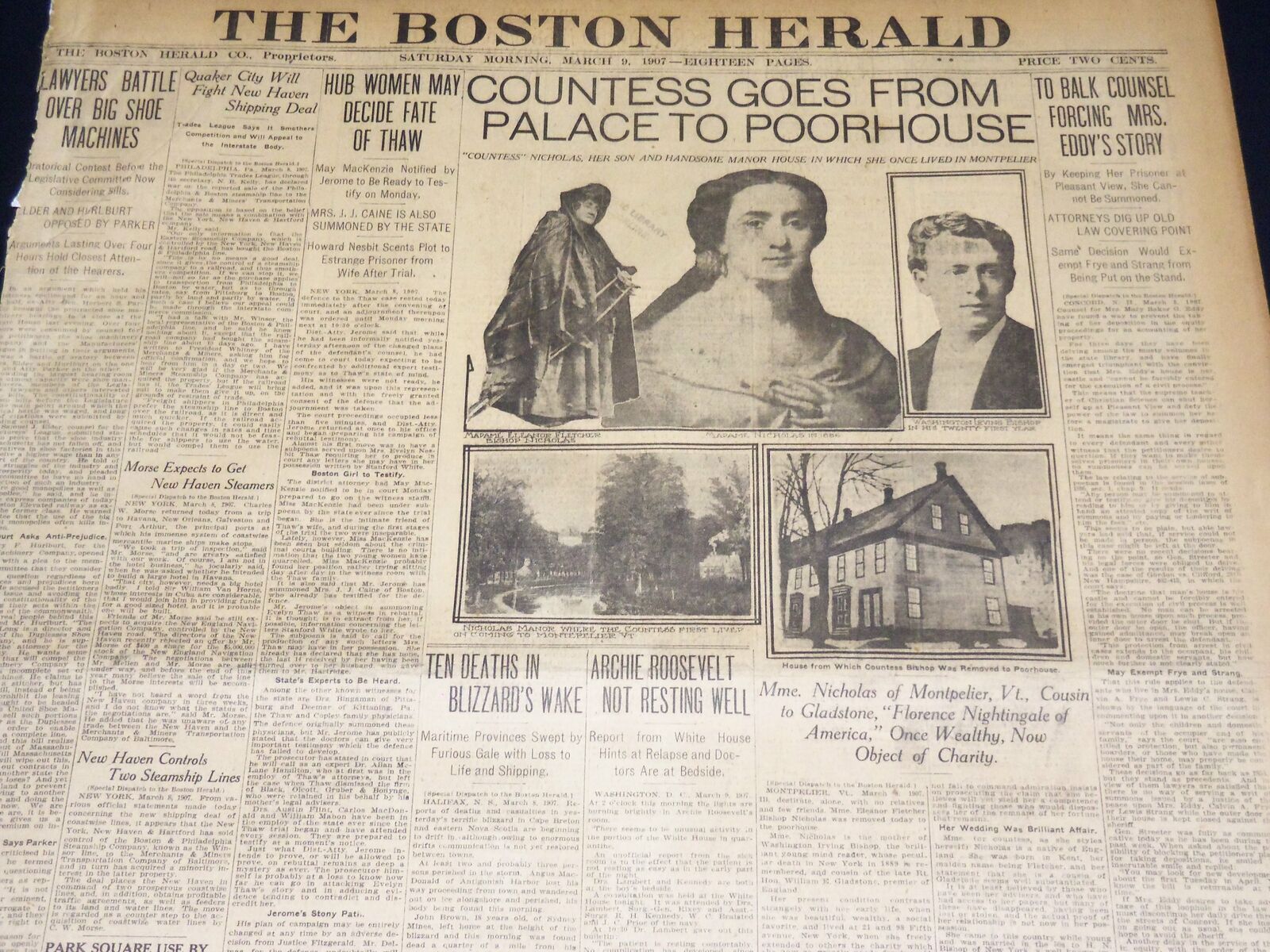 1907 MARCH 9 THE BOSTON HERALD -COUNTESS GOES FROM PALACE TO POOR HOUSE - BH 388