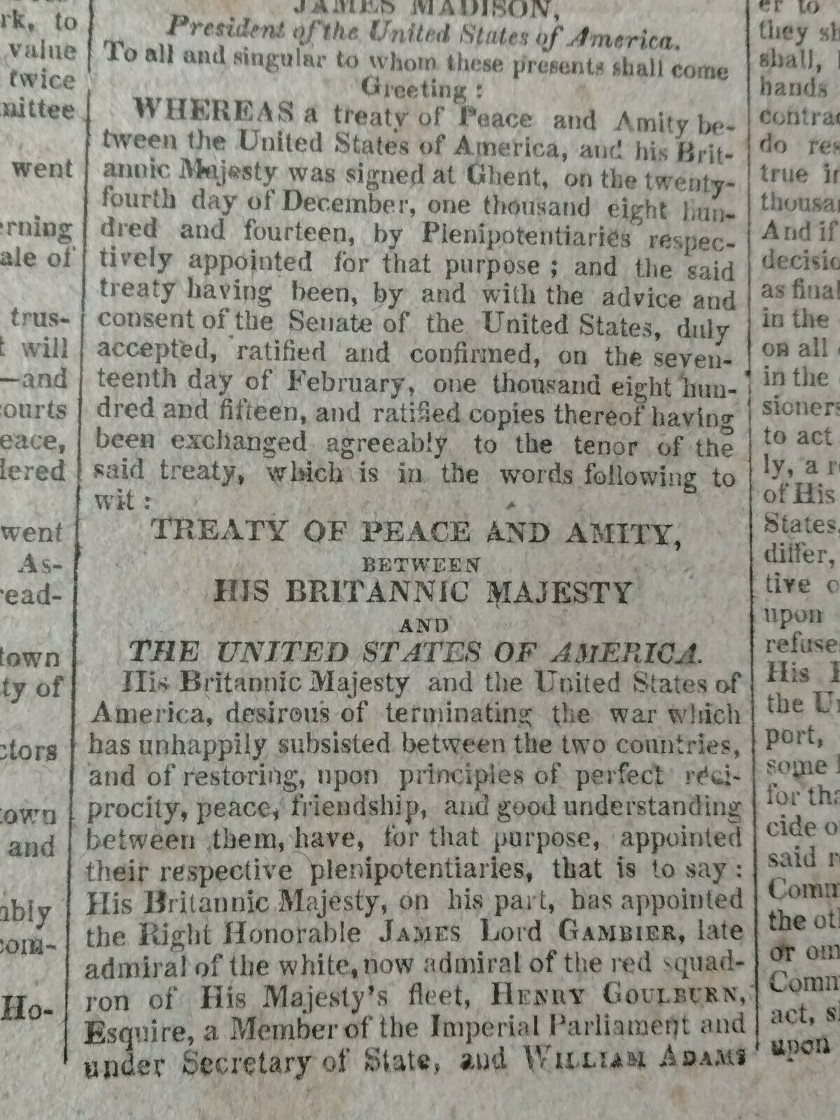 Newspapers-War of 1812- TREATY OF PEACE SIGNED BETWEEN ENGLAND AND UNITED STATES