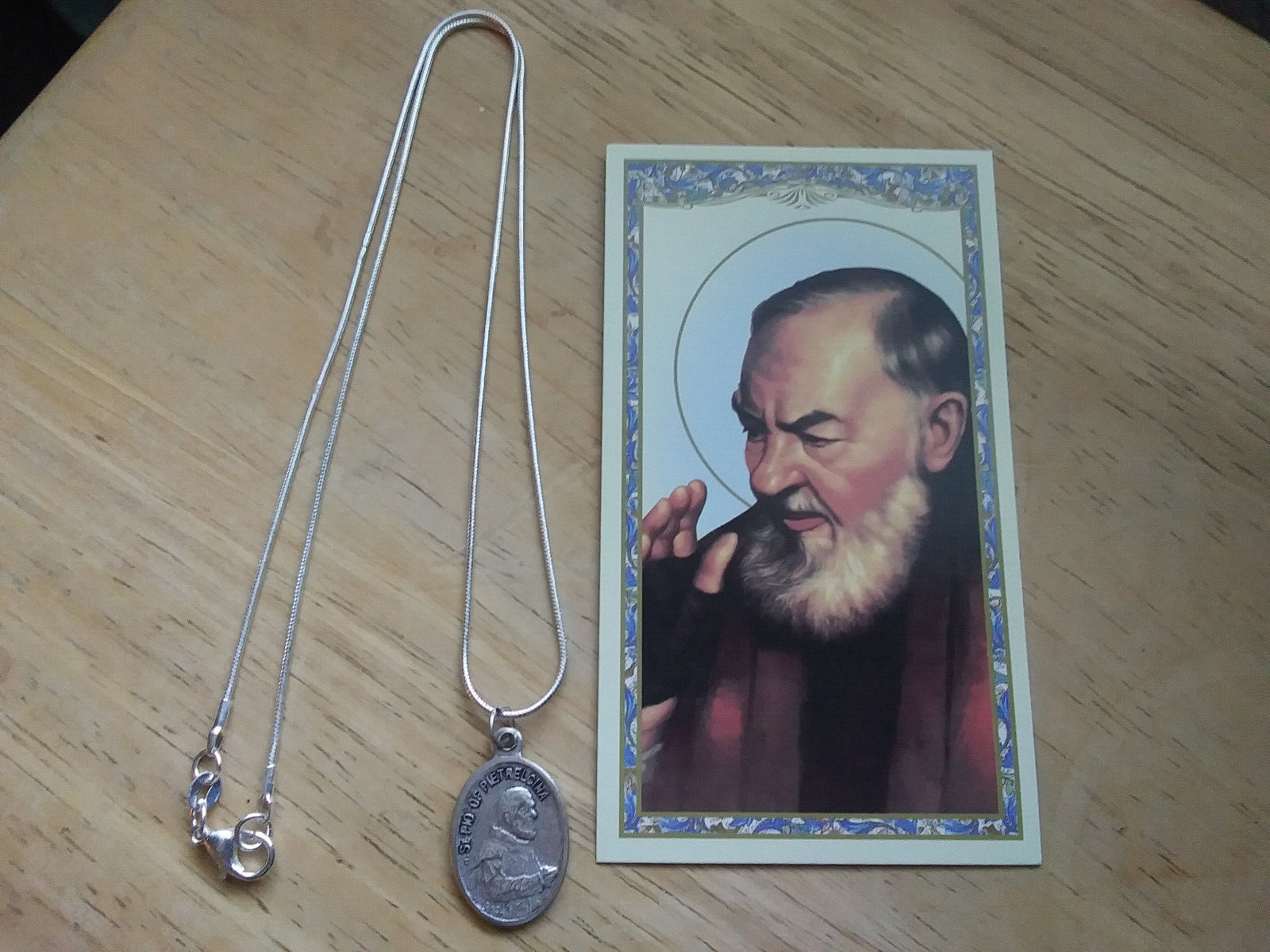 St Padre Pio Medal 925 Sterling silver chain Necklace + prayer card Pietrelcina