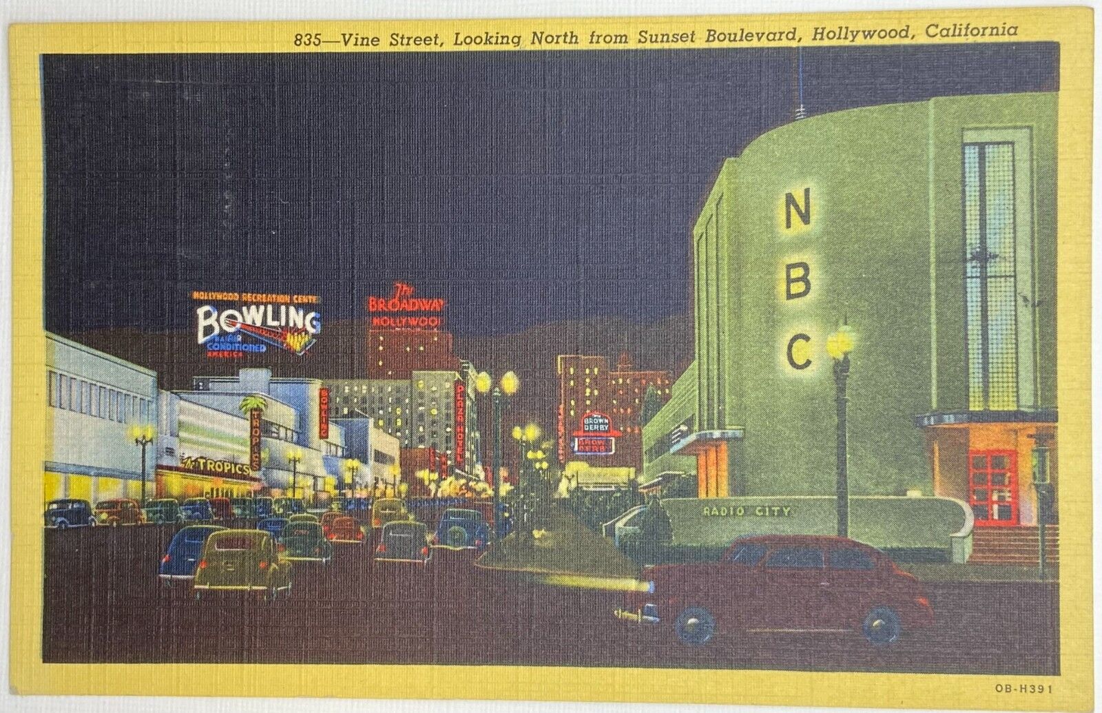Vintage Linen Postcard Hollywood, California, Vine St. Looking North c1940\'s