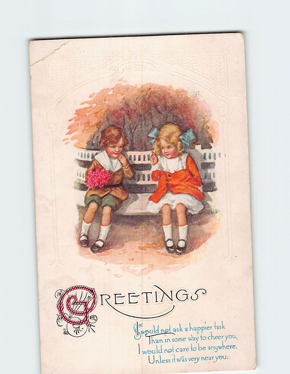 Postcard Two Girls Sitting Greetings Embossed Card