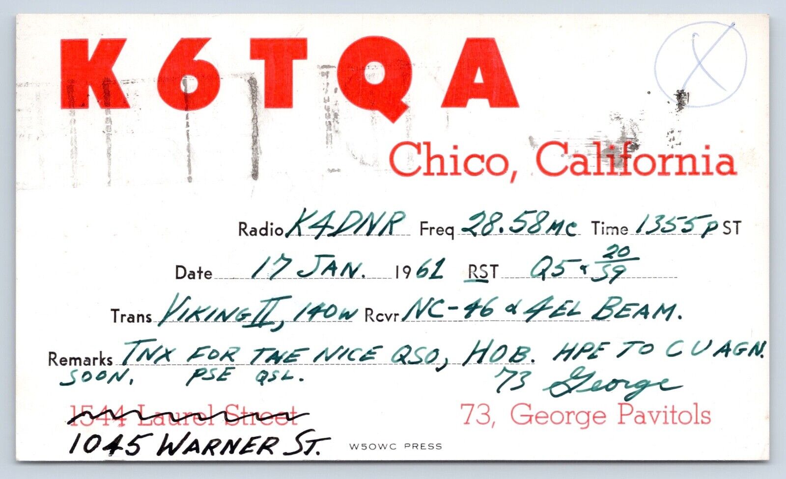 QSL CB Ham Radio Card K6TQA Chico California Vtg Butte County CA 1961 Card