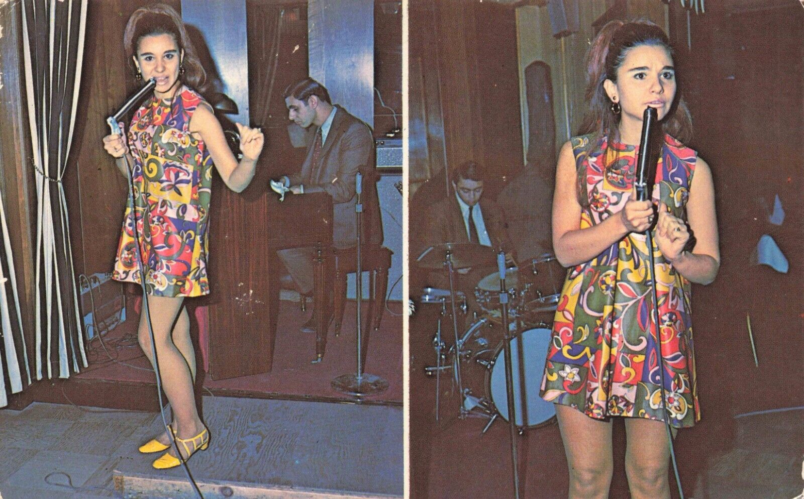 Postcard Promotional Photo 1960s Dress Mini Skirt Diane Taber Microphone Singing