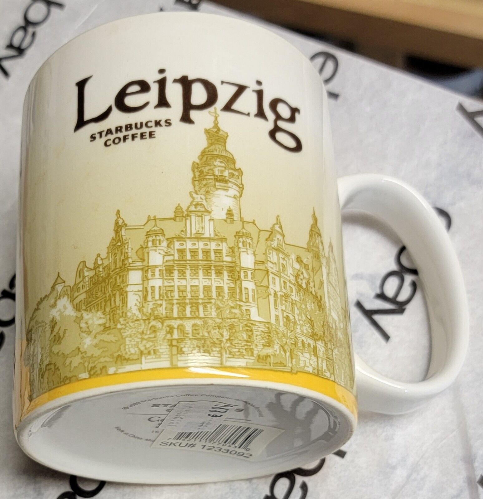 2009 STARBUCKS Coffee Mug LEIPZIG Icon 16 oz MIC w SKU, Discontinued NWT GERMANY
