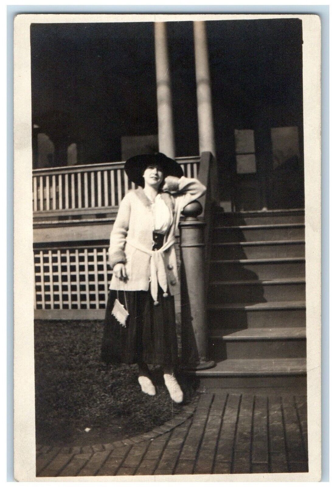 c1910's Woman House Porch Large Hat Flapper Purse Tyrone PA RPPC Photo Postcard