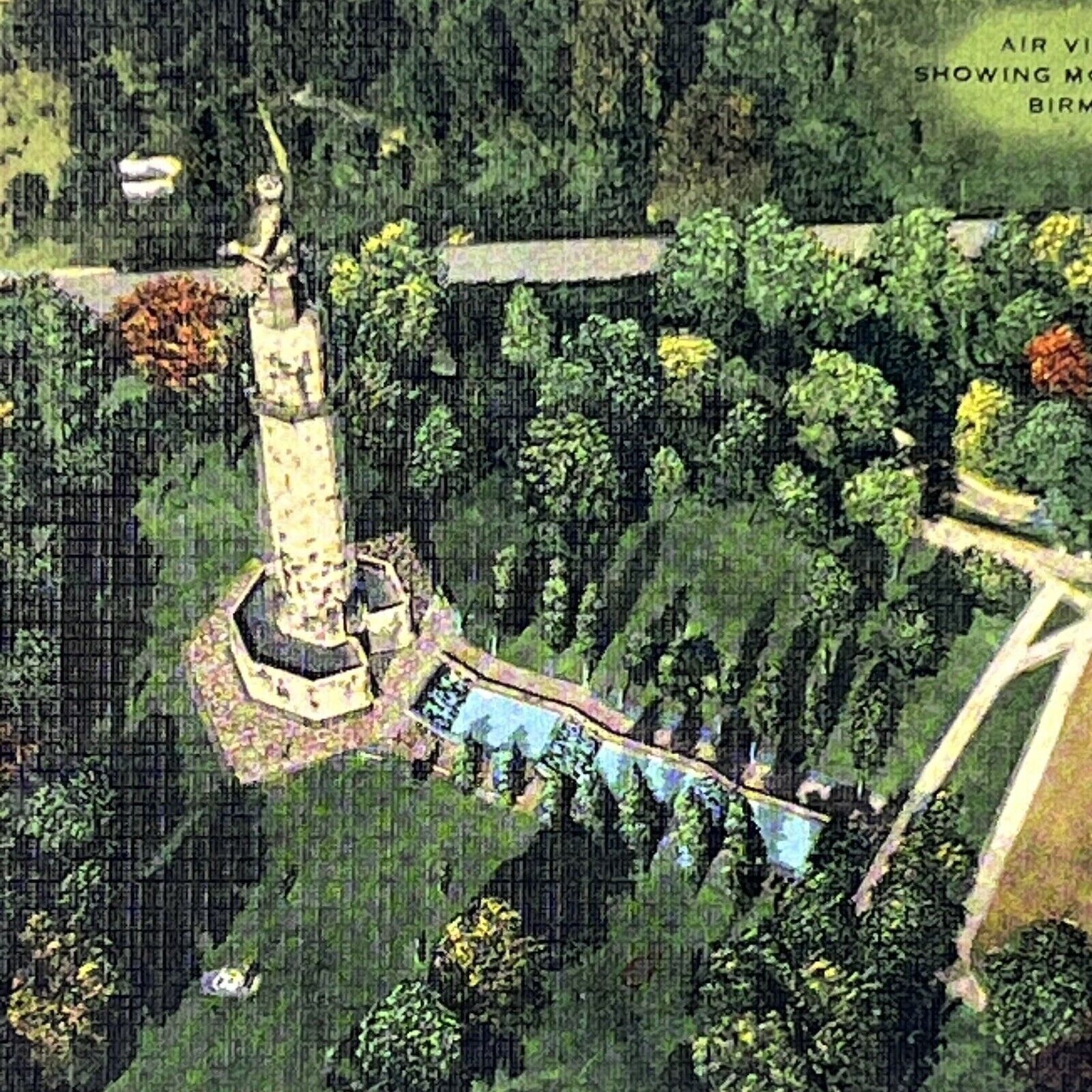 Vintage Birmingham, AL Linen Postcard Vulcan Park Aerial View Monument Waterfall