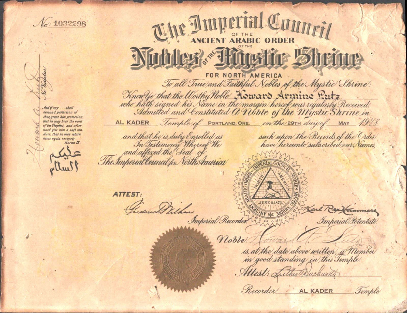 1948 AL KADER SHRINERS Vintage Nobles Masonic 10x13 Certificate PORTLAND, OREGON