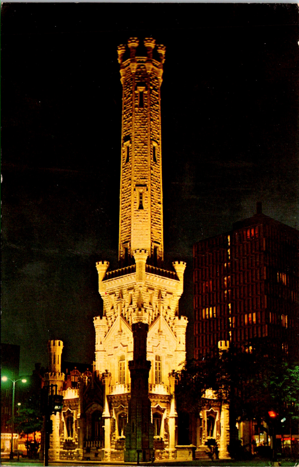 Postcard Chicago Illinois Water Tower At Night Michigan Ave. Vintage Unposted