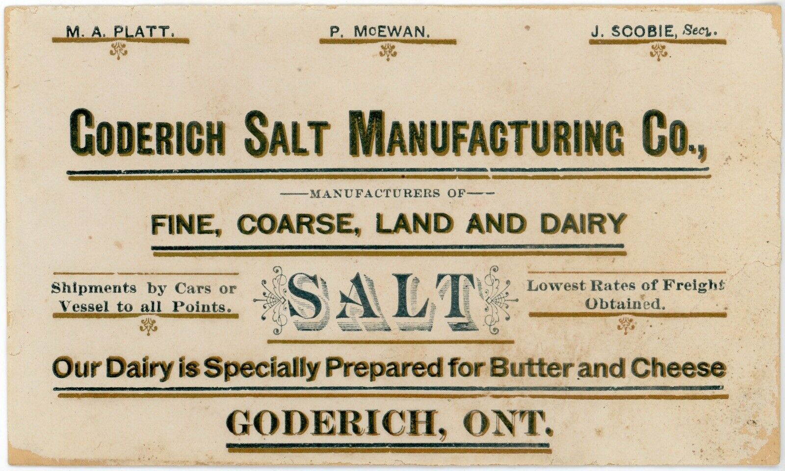 c1880s-1890s Ontario Goderich Salt Manufacturing Co. Platt McEwan Scobie
