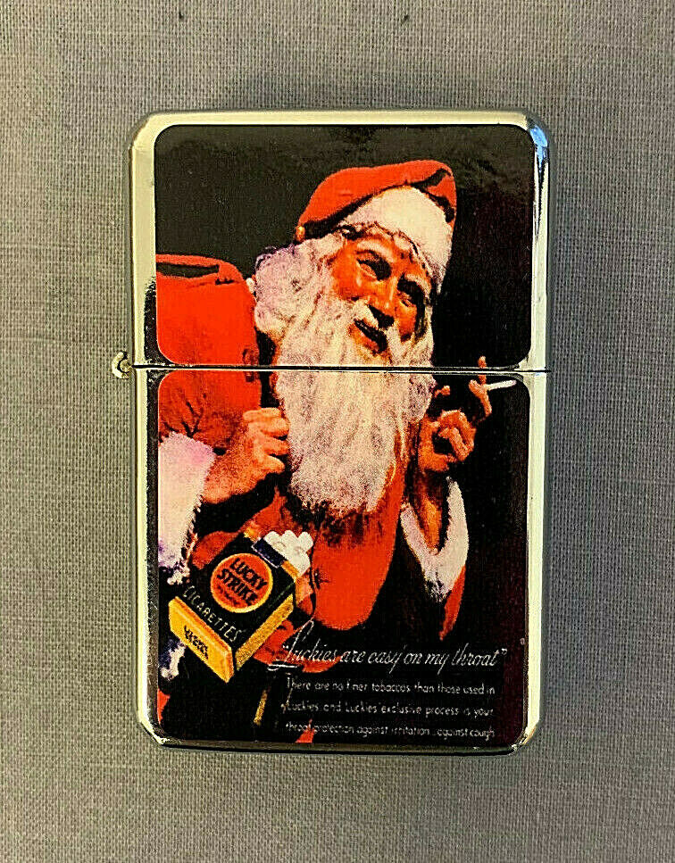 Vintage Lucky Strike Santa Christmas Image Flip Top Oil Lighter Windproof