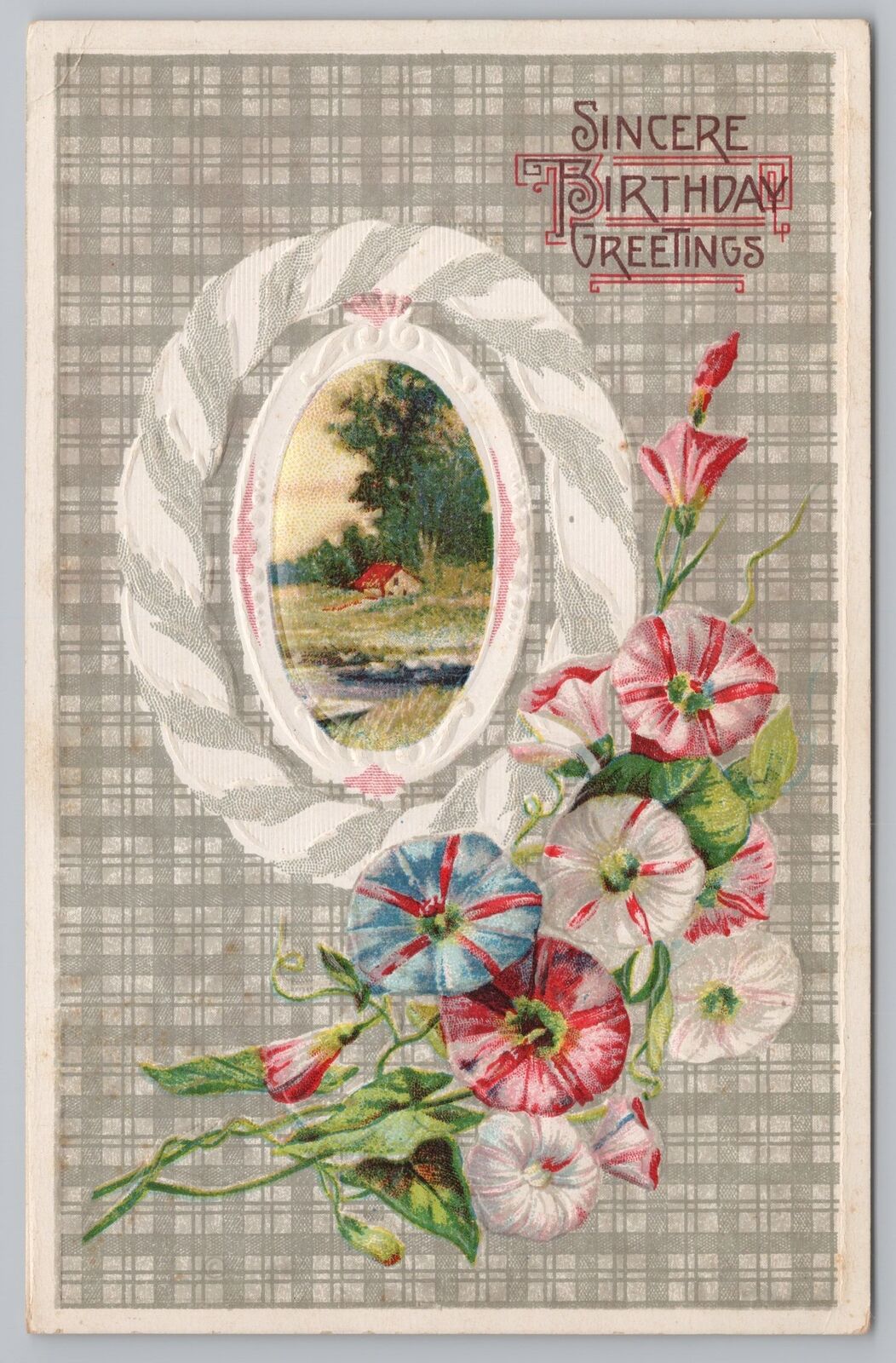 Greetings~Multi-Colored Morning Glories & Home @ River Birthday~Vintage Postcard