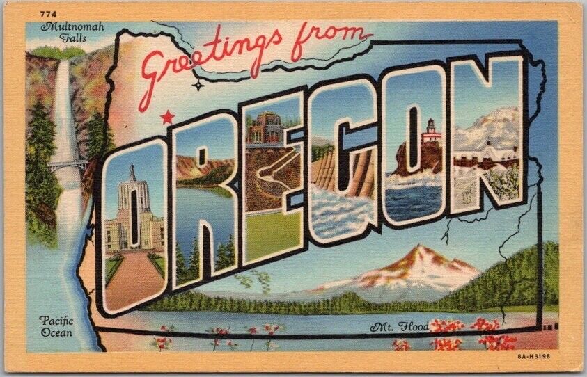 c1950s OREGON Large Letter Postcard Multnomah Falls & Mt. Hood / Curteich Linen