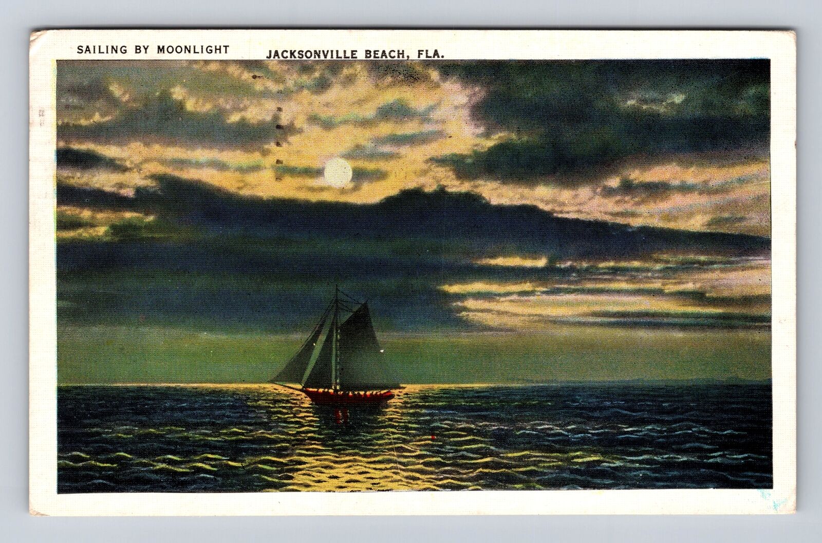 Jacksonville Beach FL-Florida, Sailing by Moonlight, Vintage c1937 Postcard