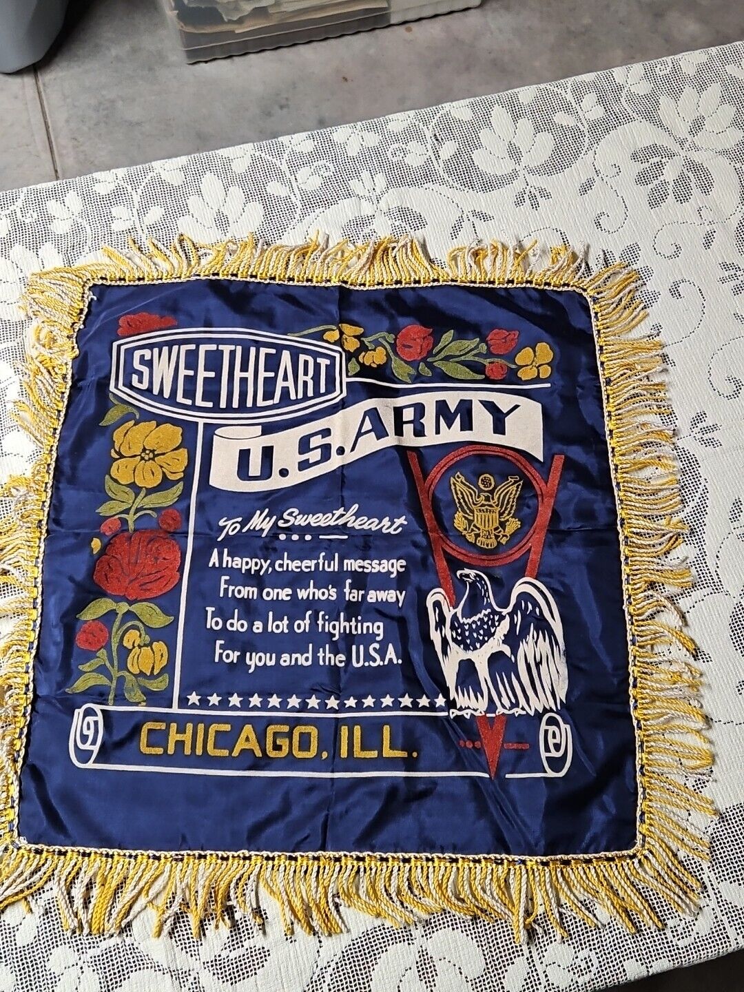WWll US Army Sweetheart Pillowcase Sham Chicago Illinois Eagle Victory Sign Flag